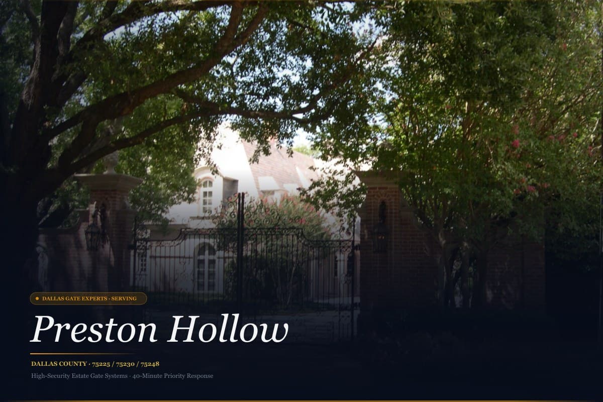 Imposing high-security estate gate in Preston Hollow, Dallas TX